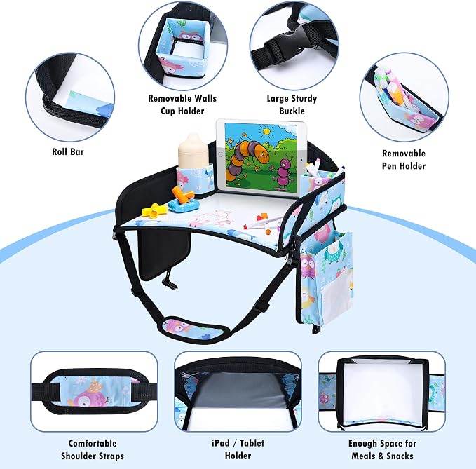 Car Seat Tray,Toddler Road Trip Essentials With Drawing Kit | Road Trip Essentials Accessories Lap Tray with iPad Holder Stand & Dry Erase Board as Travel Gifts for Kid,Baby Blue - Image 5