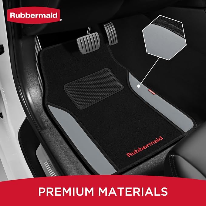 Rubbermaid Car Mats, Carpeted Floor Car Mat with Faux Leather & Built-in Heel Pad, Two-Tone Car Rug Floor Mats, Stylish Carpeted Floor Mats for Cars, Trucks & SUVs Gray Color - Image 2