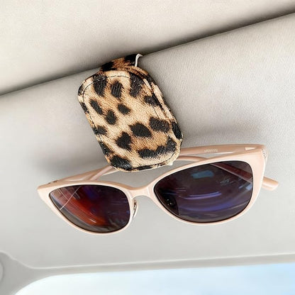 Sunglass Holder for Car, Universal Magnetic Car Sun Visor Eyeglass Holder, Leather Glasses Clip for Car, Ticket Card Clip (1, Leopard) by Unknown