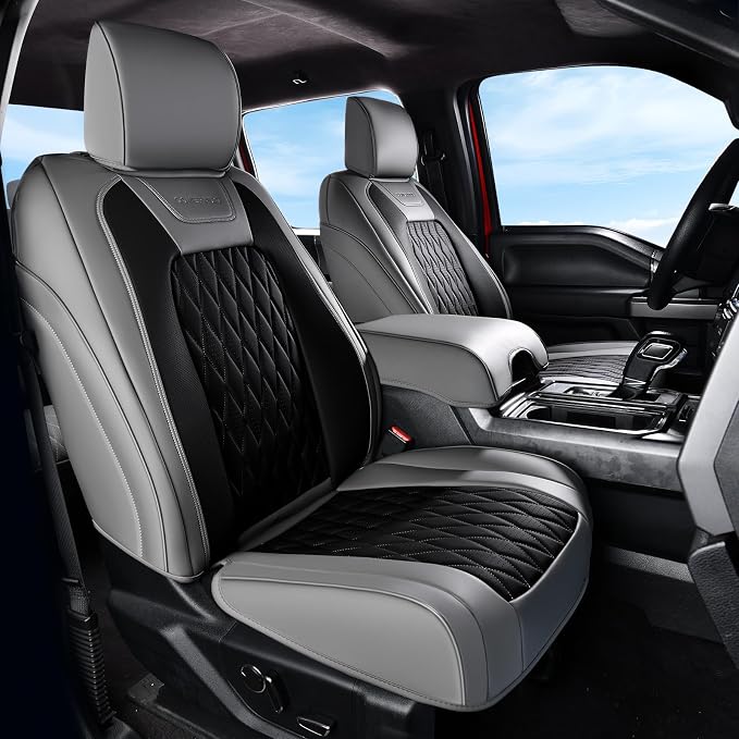 Coverado Premium Leather Truck Front Seat Covers – Custom Fit, Waterproof, Heavy Duty, Anti-Spill, Scratch Resistant Protector for Ford F150 2015-2026, F250-F450, BGray by COVERADOAUTO