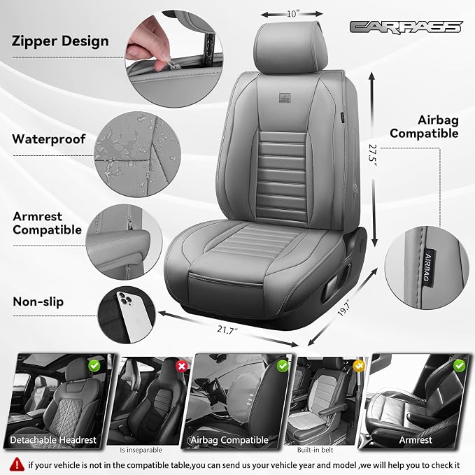 CAR PASS Nappa Leather Car Seat Covers Front Seats, Luxury Seat Protector for Cars, Waterproof Anti-Slip Seat Cushion Airbag Compatible Universal for Sedan SUV Pick-up Truck Automotive Vehicle, Gray - Image 2