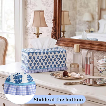 Block Print Fabric Tissue Box Cover, Hydrangea, Royal Blue | Rectangular Ruffle Sleeve, Decorative Holder for Bathroom Vanity Car, Napkin Dispenser Grand Millennial Boho Decor Home - Image 5