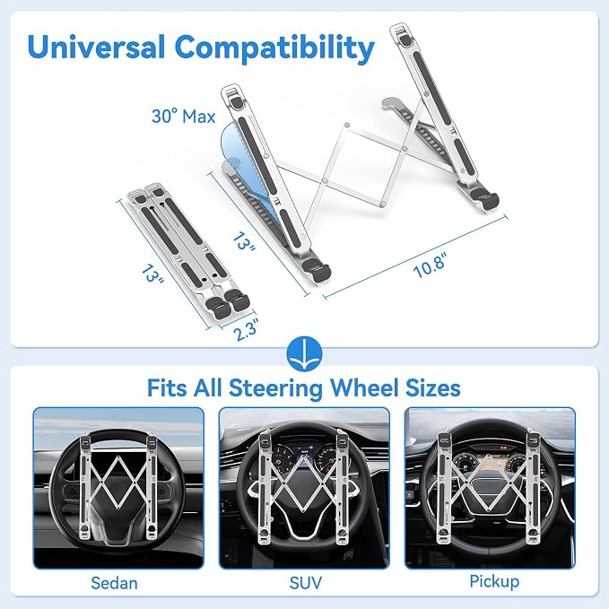 Car Laptop Mount steering Wheel Tray Holder, Height Adjustable Car Desk for Laptop iPad Computer Tablet, Foldable Portable Lap Laptop Stand for Car Vehicle Workstation for Truck SUV Tesla Motorhome - Image 6