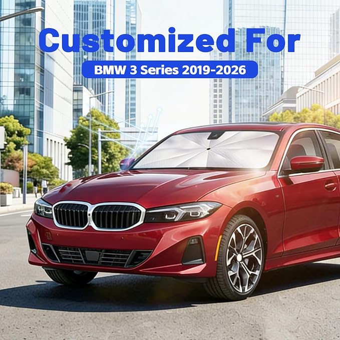 Car Windshield Sun Shade Umbrella for BMW 3 Series 2019-2026, 1:1 Exact Fit | [Reflective Coated Fabric] Car Shades Sun Visor Keep Car Cool and Protects Interior, Sunshade Umbrella for Front Window - Image 2