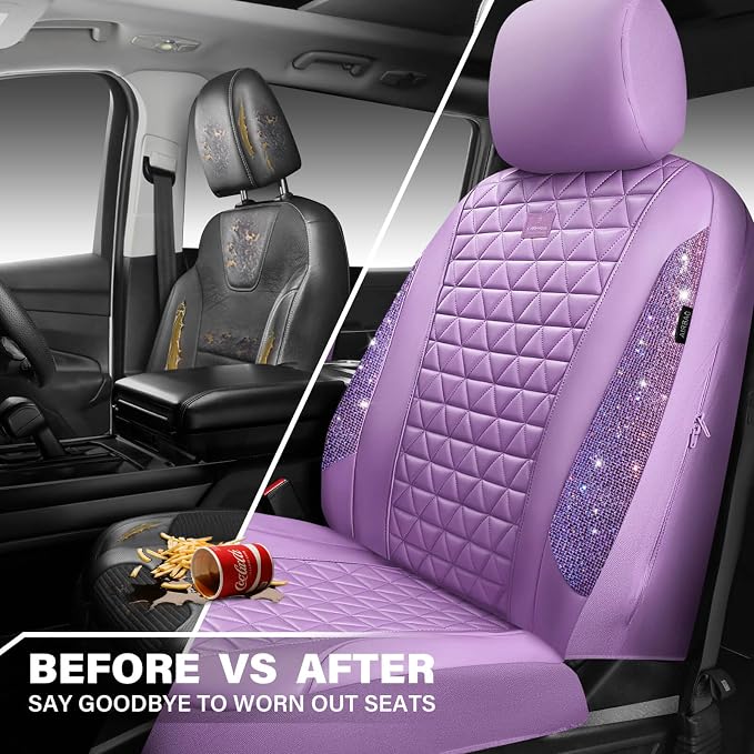 CAR PASS Light Purple Bling Diamond Leather Car Seat Covers Full Sets, Waterproof Shining Glitter Sparkly Crystal Universal Armrest Fit for Automotive Truck SUV Cute Women Girl,Lavender Rhinestone - Image 6