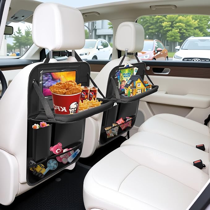 2Pack Car Backseat Organizer with Foldable Table Tray,6 Storage Pockets Car Storage Organizer with Tablet Holder,Car Seat Back Protectors Kick Mats Travel Accessories (Black) - Image 7