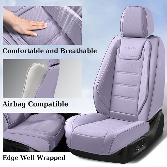 Coverado Car Seat Covers Full Set, Seat Covers for Cars, Car Seat Protector Waterproof, Leather Cushion, Universal Car Interior Covers Seat Protectors for Most Cars Purple - Image 3