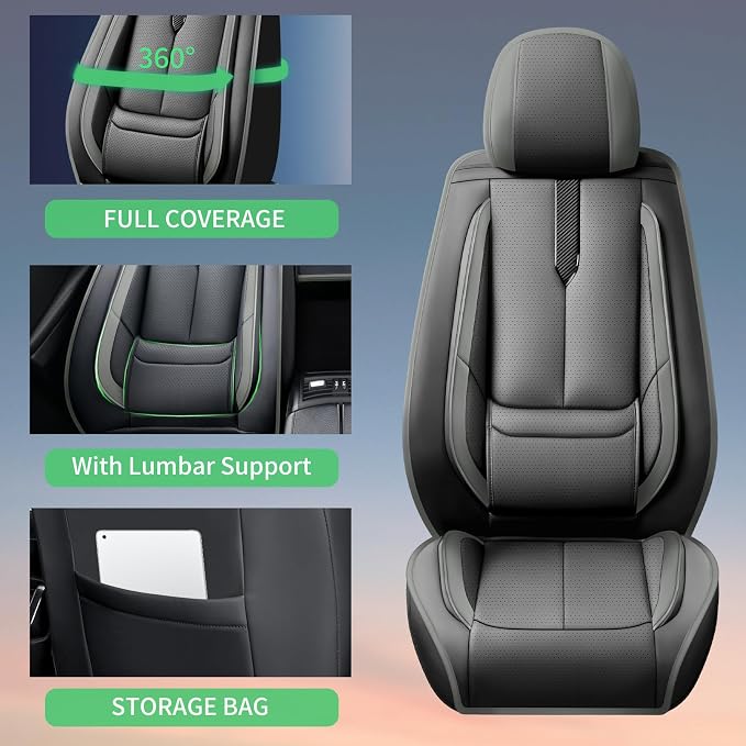 Fit Leaf Car Seat Covers for Nissan Leaf 2011-2024 2025 2026 -Upgraded Premium Waterproof & Breathable Leather,Airbag Compatible,All-Weather Seat Cushion Protector,Full Set,Black-Grey - Image 8