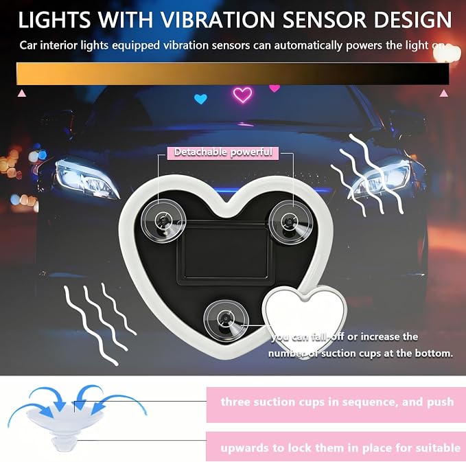 Solar Powered Heart Light for Car (2pc Pink) | 2pcs Led wireless lamp with 6 modes vibration sensor, auto light activation, romantic gift for couples interior decor - Image 5