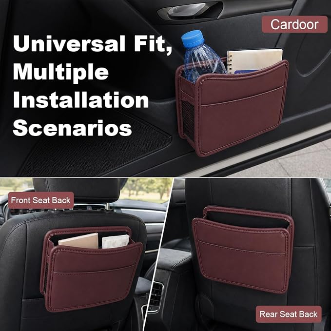 Car Seat Side Pocket Organizer, Leather Sewn Multifunctional Automotive Trash Bag, Small Vehicle Door Pouch for Cell Phone, Key, Wallet, Sunglasses (Red) - Image 6