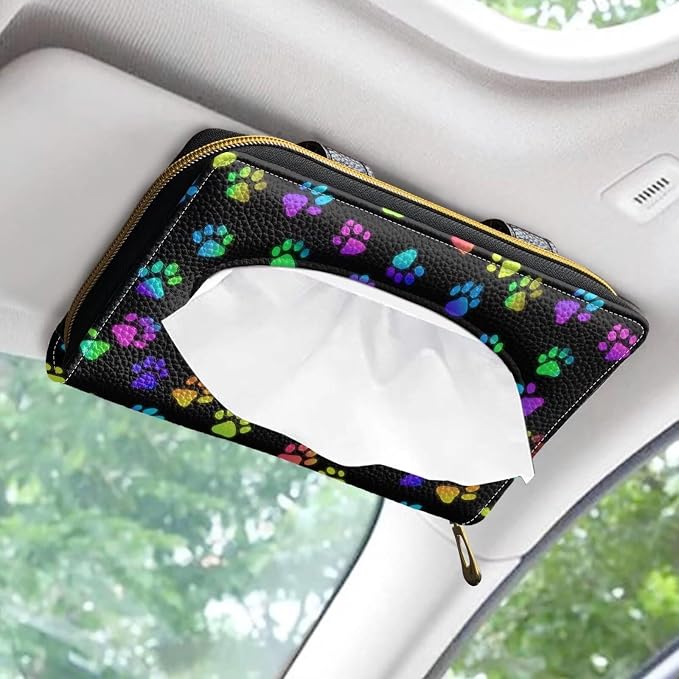 Biyejit 2 Pack Car Tissue Holder, Colorful Dog Paws PU Leather Sun Visor Napkin Box Holder, Hanging Tissue Mask Holder with Glasses Clip for Car Visor, Auto, Vehicle Accessories - Image 2