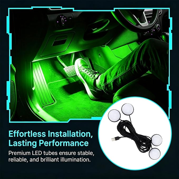 Car Interior LED Light, 4-in-1 USB Port Vehicle Under Dash Ambient Neon Lighting Decoration, Automotive Inside Foot Well Atmosphere Lamp, Universal Fit (Green) - Image 6