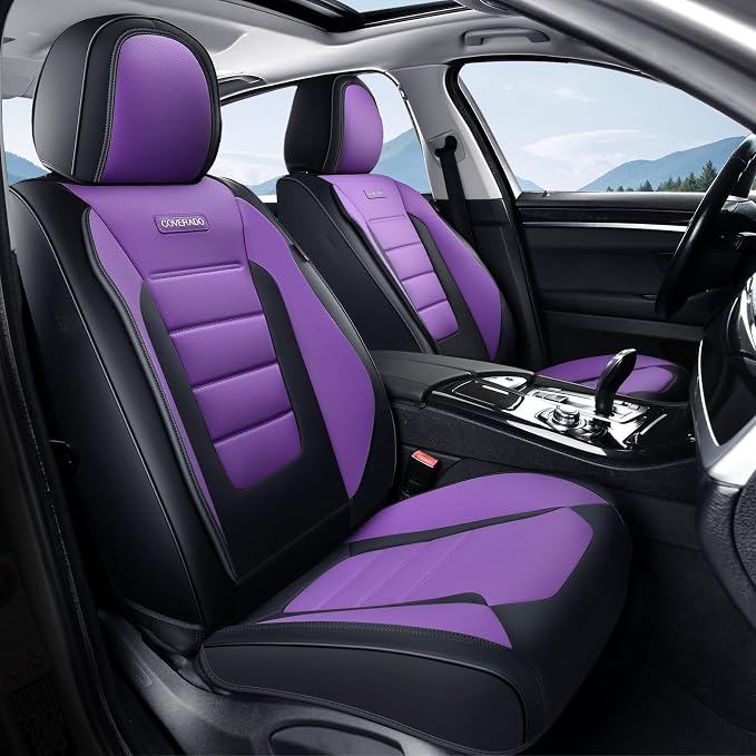 Coverado Car Seat Covers Front, Seat Covers for Cars, Waterproof 2-Pack Car Seat Cushions, Leather Carseat Seat Protectors, Universal Seat Covers Fit for Most Sedans SUV Pick-up Trucks(Black&Purple) by COVERADOAUTO