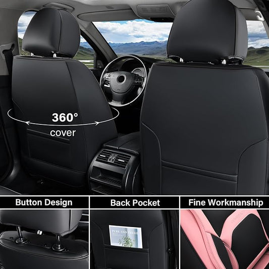 Coverado Seat Covers, Car Seat Covers Front Seats, Nappa Leather Seat Covers for Cars, Waterproof Car Seat Protector with Lumbar Support, Front Seat Covers Universal Fit for Most Cars (Black&Pink) - Image 2