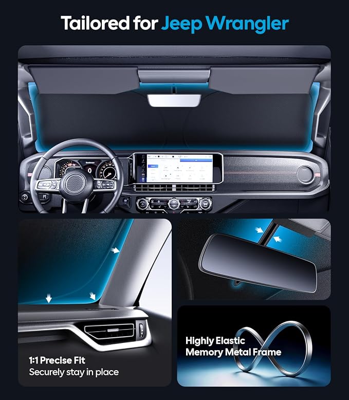 Wigoo for Jeep Wrangler Windshield Sunshade, Custom Fit, Keeps Cool | Custom Fit, Cooling Tech Fabric, Foldable Heat-Blocking Sunshade with Storage Bag, for Jeep Wrangler Accessories - Image 4