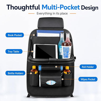 Universal Foldable Car Backseat Organizer with Table Tray, Car Seat Back Protector with Touch Screen Phone Holder, Premium Leather Kick Mats with Storage Pockets Tissue Holder (Black) - Image 4