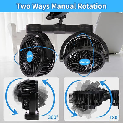 QIFUN Car Fan Adjustable Dual Head 12V 360° Rotatable 4 Inches Car Clip Fan for Front/Rear Seat Passenger Car Essentials Cooler with Stepless Speed Regulation for Vehicle SUV, RV - Image 4