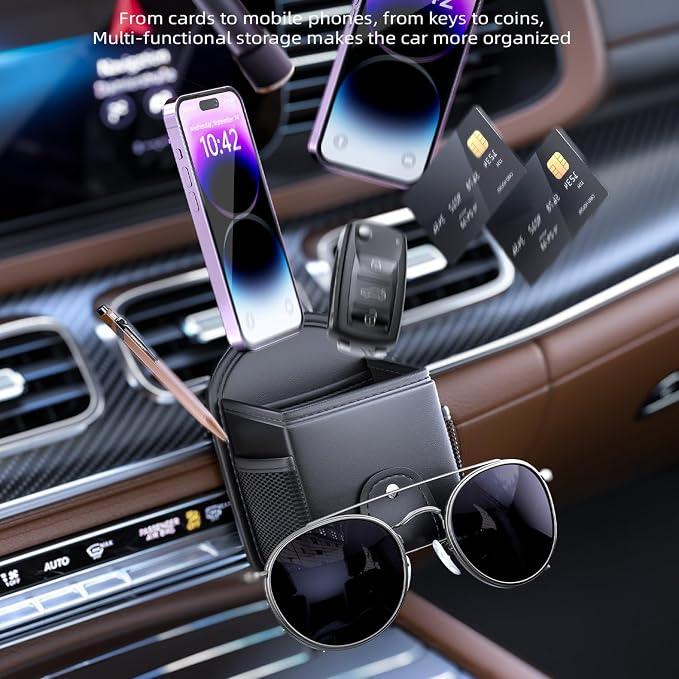 Car Air Vent Storage Bag Organizer Pocket, Sunglass Holder Car Mount Phone Holder Coin Key Card Case Organizer with Clip, Car Air Vent Phone Holder Coin Key Card Case Organizer. (Black) - Image 5