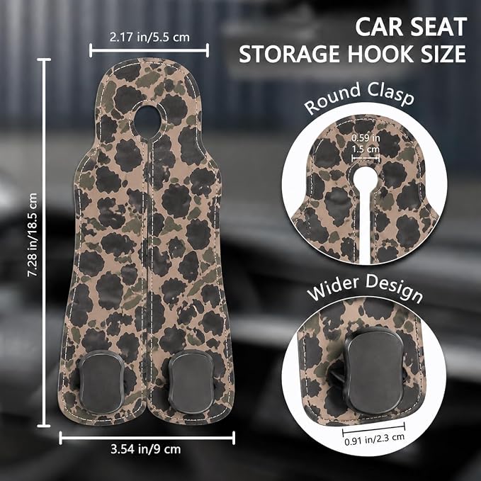 Cute Camo Car Seat Back Storage Headrest Hooks for Purses & Bags – 2PCS PU Leather Dual Metal Hooks, Backseat Organizer Accessories - Image 2
