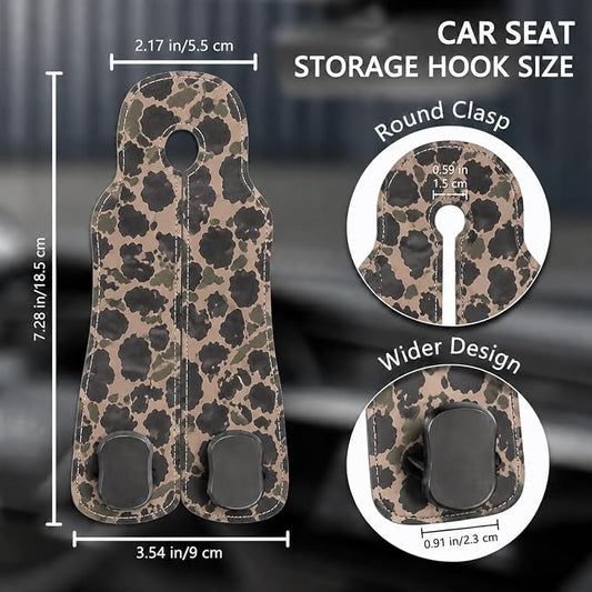 Cute Camo Car Seat Back Storage Headrest Hooks for Purses & Bags – 2PCS PU Leather Dual Metal Hooks, Backseat Organizer Accessories - Image 2