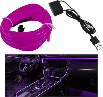 EL Wire Interior Car LED Strip Lights, 16.5FT 5V EL Wire Strip Neon Glowing Strobing Light w/ 5mm Sewing Edge, USB Electroluminescent Ambient Lighting Kit for Car Inside Decoration (Purple) by Pxobiug