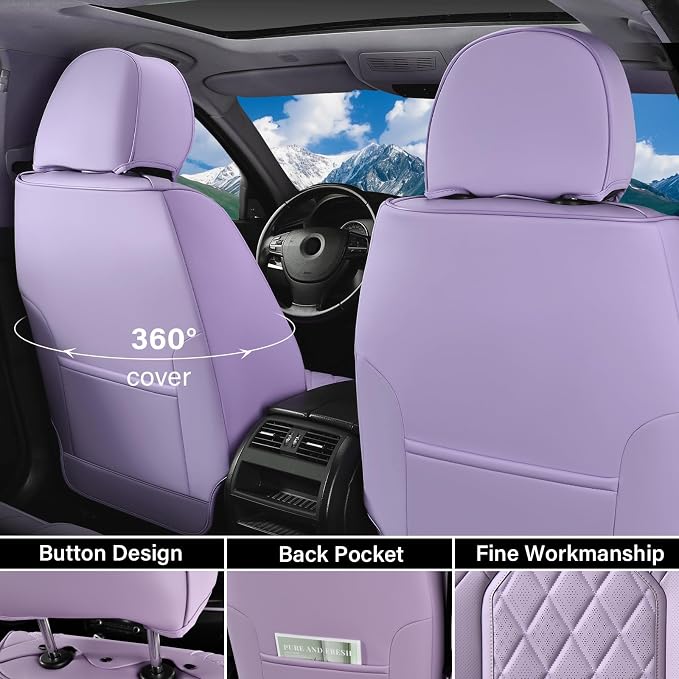 Coverado Car Seat Covers Full Set, Purple Leather Seat Covers for Cars, Luxury Front and Back Car Seat Protector, Universal Waterproof Car Seat Cover, Automotive Seat Covers Fit for Most Cars, Purple - Image 2
