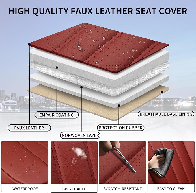 Red Car Seat Covers Full Set, Universal Leather Seat Cover for Cars 5 Seats, Waterproof and Breathable Automotive Seat Cover Front and Rear Seat Covers for Most Trucks, Sedans, SUVs - Image 5