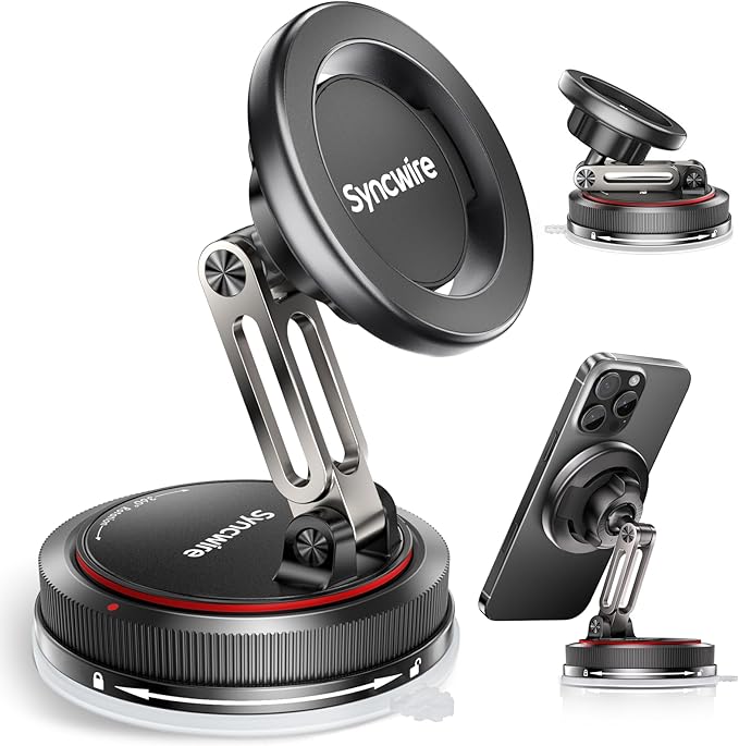 SYNCWIRE for MagSafe Car Mount [2-Axis Design] Nano Adhesive Gel + Suction Cup Magnetic Phone Holder for Dashboard & Windshield, 360° Adjustable for iPhone 17 16 15 14 13 12 11, Samsung, Matte Black by SYNCWIRE