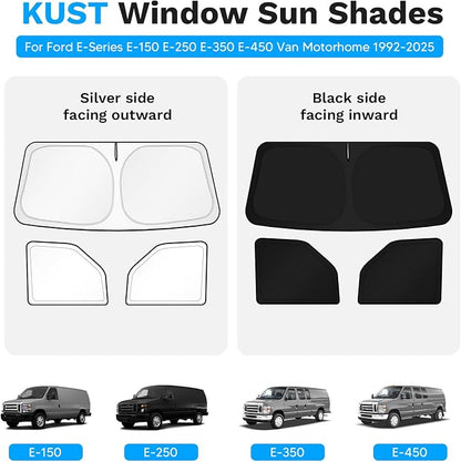 KUST 3-Pack Window Sun Shade for 1992-2025 2026 Ford E-Series E-150 E-250 E-350 E-450, Interior Accessories Sunshade Full Coverage Window Shades Silver & Black Shade, Sun Shield Blocks UV Rays Heat - Image 2