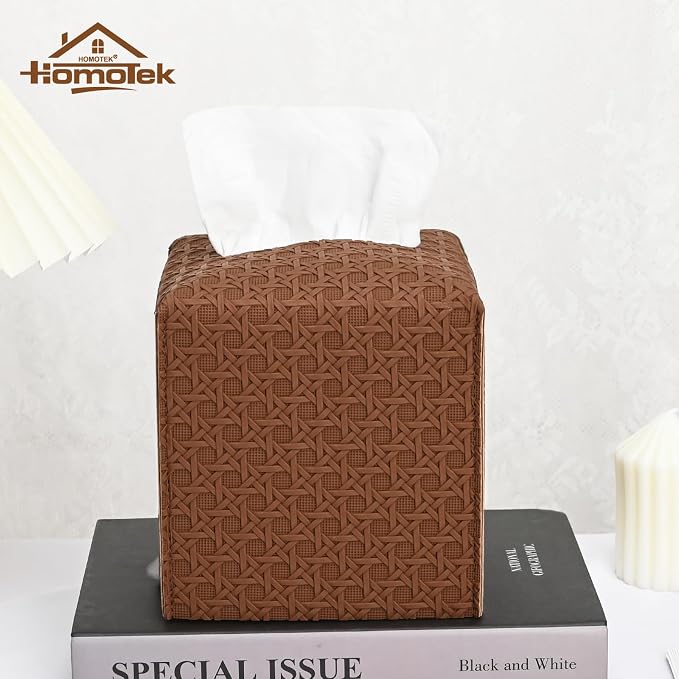 HOMOTEK 2 Pack Tissue Box Cover, Square PU Leather Tissue Holder, Decorative Facial Tissue Cube Paper Organizer Dispenser for Bathroom, Night Stands, Desk, Car 5X5X5'' - Rattan Weave,Chocolate - Image 5