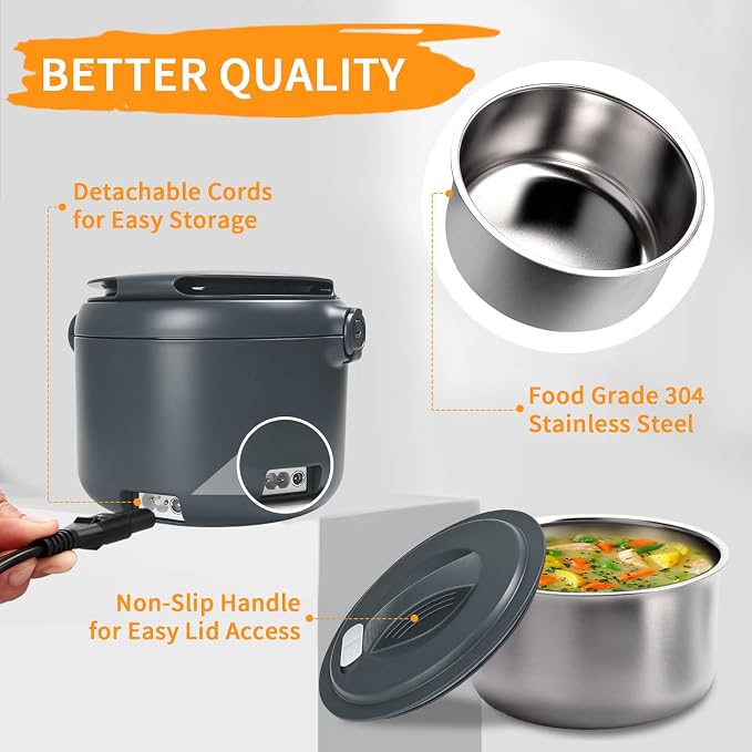 Electric Lunch Box, 32 oz Portable Food Warmer Heater, Lunch Warmer Portable for Work/Office/Car/Travel 12V/24V/110V 3-in-1, Warming Soup & Meal, Spill-Free, Men & Women's Gifts, Grey - Image 7