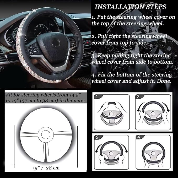 New Diamond Leather Steering Wheel Cover with Bling Crystal Rhinestones | Universal Fit 15 Inch Car Wheel Protector for Women Girls Black with Colorful Diamonds - Image 5