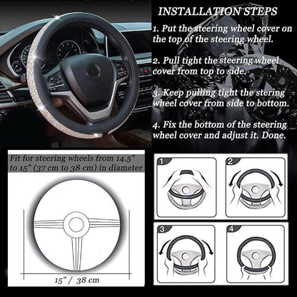 New Diamond Leather Steering Wheel Cover with Bling Crystal Rhinestones | Universal Fit 15 Inch Car Wheel Protector for Women Girls Black with Colorful Diamonds - Image 5