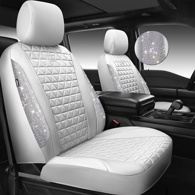 CAR PASS All White Bling Diamond Leather Car Seat Covers Full Sets,Waterproof Shining Glitter Sparkly Crystal Universal Fit for Automotive Truck SUV Cute Women Girl Airbag Compatable,Sliver Rhinestone - Image 2