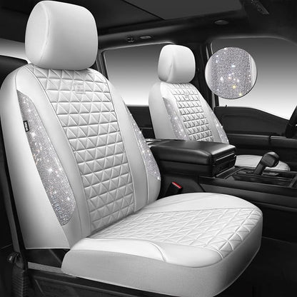 CAR PASS All White Bling Diamond Leather Car Seat Covers Full Sets,Waterproof Shining Glitter Sparkly Crystal Universal Fit for Automotive Truck SUV Cute Women Girl Airbag Compatable,Sliver Rhinestone - Image 2