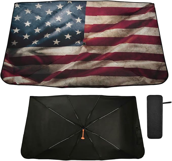 American Flag Windshield Sun Shade Umbrella Vintage Patriotic Foldable Car Front Window Sunshade Blocks UV Rays Heat Keep Vehicle Cool (55" x 27.5") by Oarencol