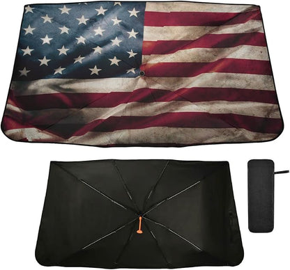 American Flag Windshield Sun Shade Umbrella Vintage Patriotic Foldable Car Front Window Sunshade Blocks UV Rays Heat Keep Vehicle Cool (55" x 27.5") by Oarencol