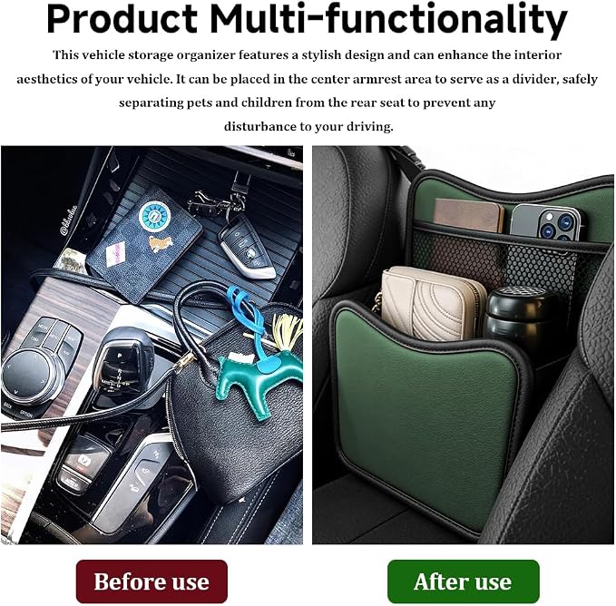 Car Organizer Storage Between Seats, Car Purse Holder, Nappa Leather Front Seat Storage Bag with Tissue Holder, Large Capacity Auto Console Organizer for Document Phone Wallet Snack (Green) - Image 4