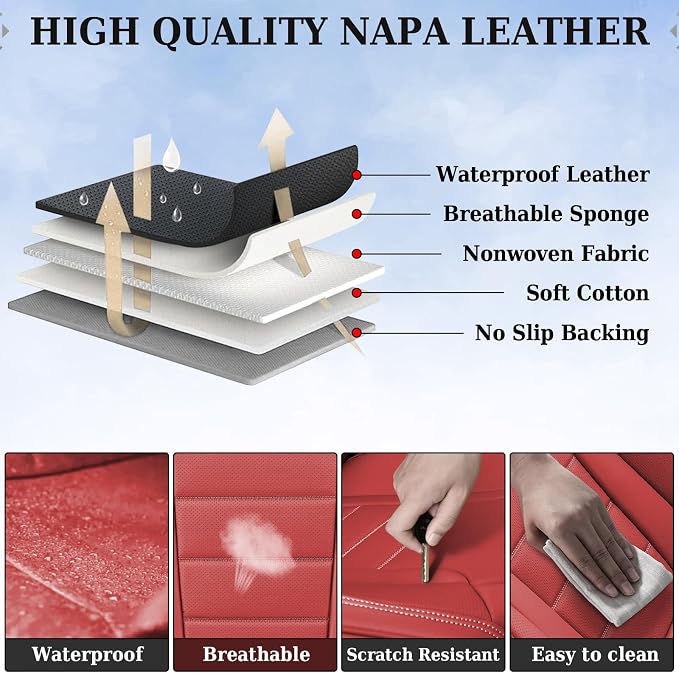 Coverado Car Seat Covers Front, Seat Covers for Cars, Waterproof 2-Pack Car Seat Cushions, Leather Carseat Seat Protectors, Universal Seat Covers Fit for Most Sedans SUV Pick-up Trucks(Red) - Image 7