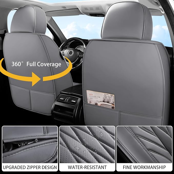 WELLDO Nappa Faux Leather Car Seat Covers Full Set, Gray | Waterproof, Non-Slip Seat Protector, 0.28in Thickened Cushion, Airbag Compatible, Universal for Cars SUV Truck Pickup - Image 5