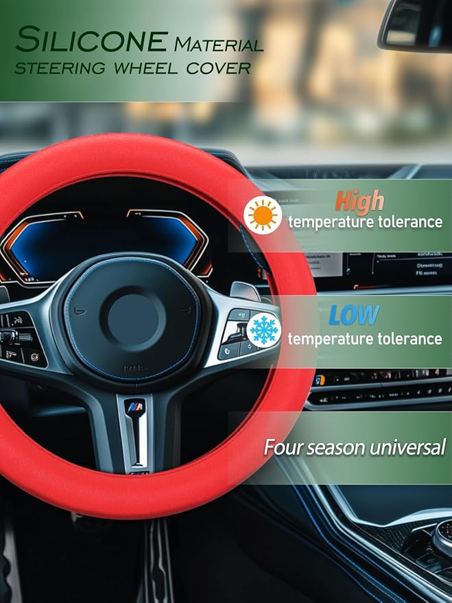 LRITER Car Steering Wheel Cover, Non-Slip Silicone Material, Red2PCS | Multiple Color Choices, Universal Auto Parts Steering Wheel Cover, Suitable for Most Cars - Image 3