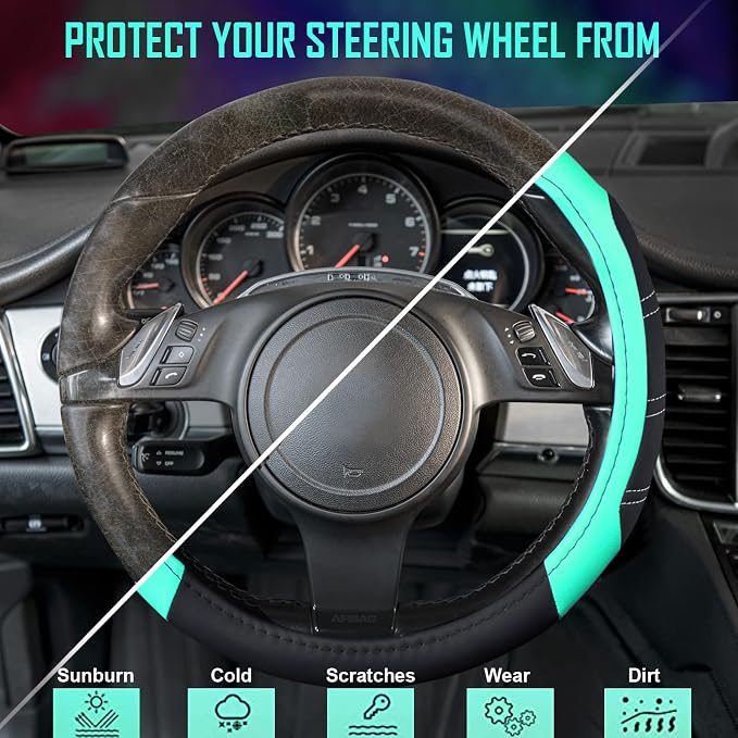 CAR PASS Line Rider Microfiber Leather Sporty Steering Wheel Cover Universal Fits for 95% Truck,SUV,Cars, 14.5-15 inch Anti-Slip Safety Comfortable Design (Black Mint Blue) - Image 5