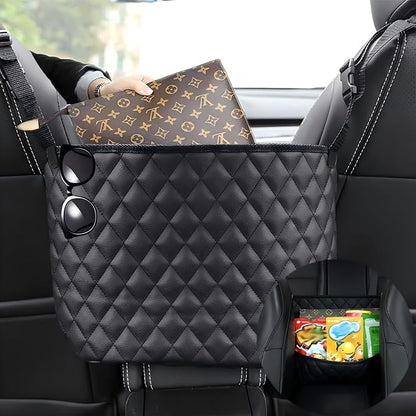 Car Net Pocket Handbag Holder，Purse Holder for Between Seats，Leather Seat Back Organizer Mesh Large Capacity Bag，Handbag Between The Two Seats by SunlightXS