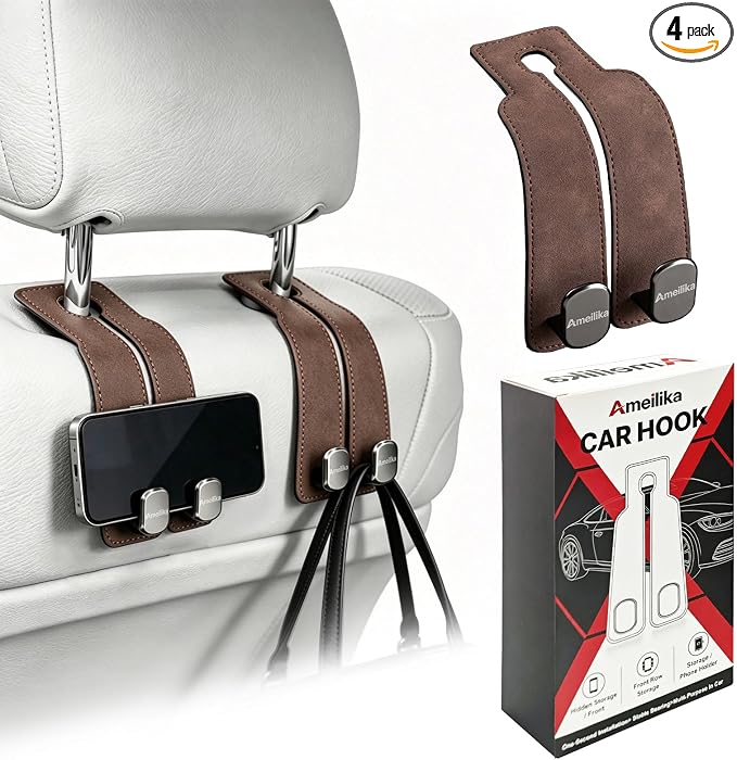 Car Headrest Hook, Brown, 2-Pack by Ameilika