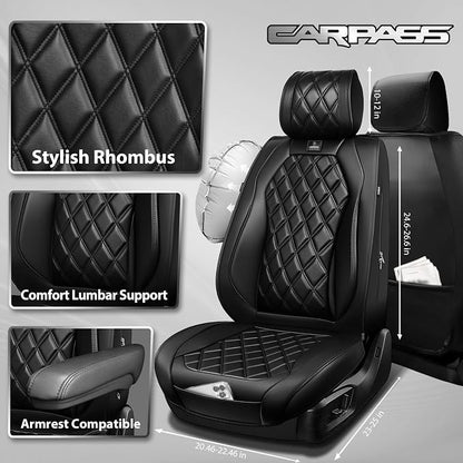 CAR PASS Luxury Nappa Leather Front Seat Covers, Waterproof Lumbar Support Seat Covers, Universal Anti Slip Seat Cushion Fit for Most Sedan SUV Truck Van, Armrest Airbag Compatible Rhomb Pure Black - Image 2