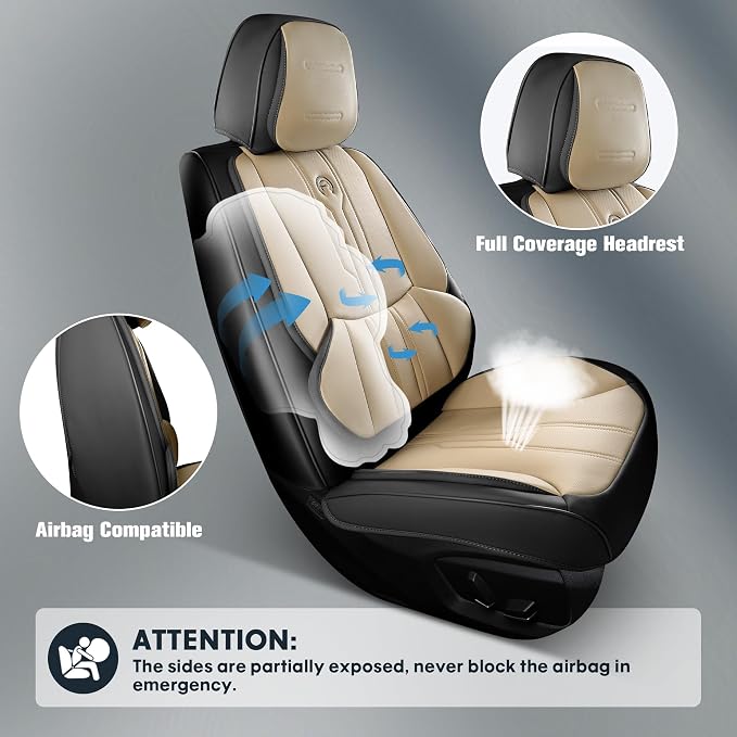 Car Seat Covers Custom Fit for Ford F150 2009-2026, Faux Leather Seat Cover Set for 2017-2026 F250 F350 F450, Acommodating Regular Cab Super Cab Super Crew Pickup Truck Cushions(BeigeBlack, Full Set) - Image 6
