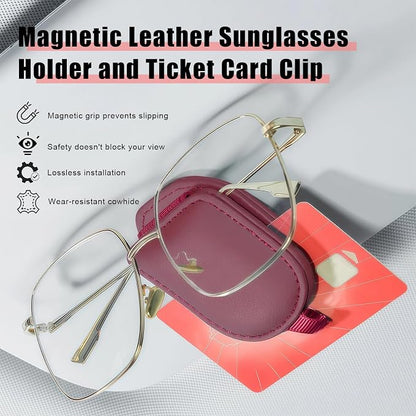 Sunglass Holder for Car Visor, Magnetic Leather Eyeglass Holder, Universal Car Sunglass Organizer Visor Accessories for SUV Truck Pickup, 2 Pack (Red) - Image 3