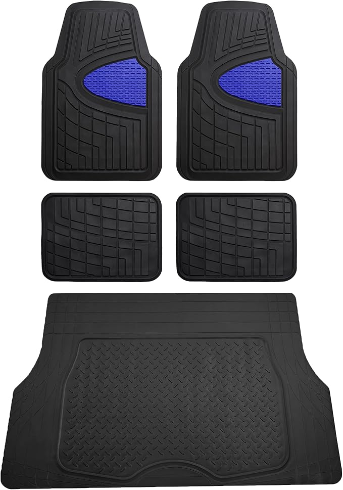 FH Group Premium Liners Tall Channel Trimmable All Weather Rubber Full Set Car Floor Mats (Blue) w. Trimmable All-Season Cargo Liner (Black) - Universal Fit for Cars Trucks and SUVs by FHGroup