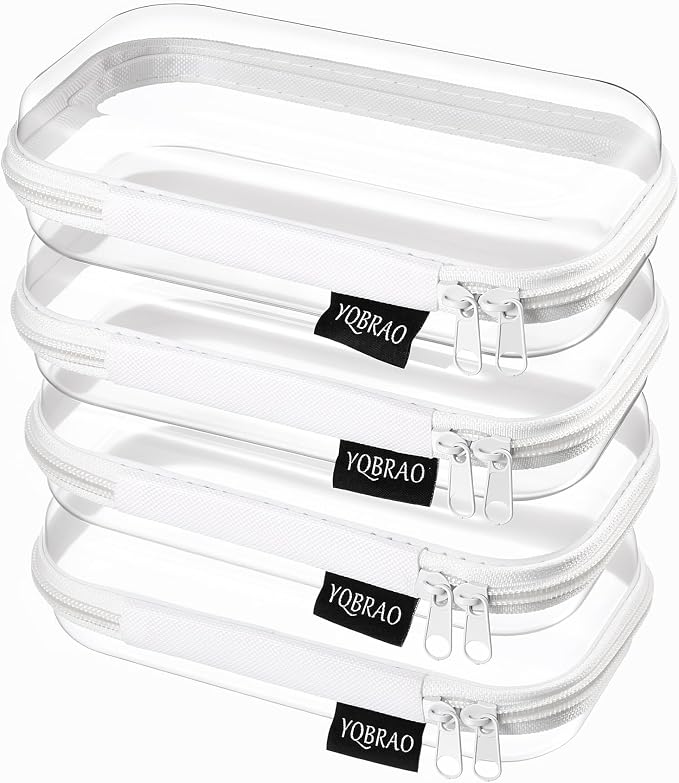 YQBRAO Clear Hard Shell Zipper Cases, 4 Small Cable Organizers, White | Rigid 1.2 mm PET and YKK dual zippers for cosmetics, charging cords, pens and travel accessories by Unknown