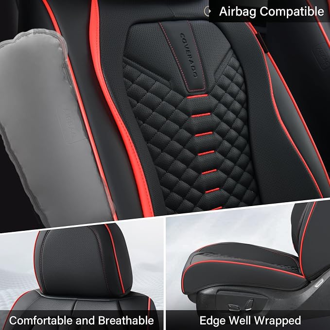 Coverado Car Seat Covers, Front Seat Cover, Waterproof Nappa Leather Seat Covers for Cars, 2 Pack Car Seat Protectors, Driver Seat Cover, Automotive Seat Covers Universal Fit for Most Cars, Black&Red - Image 2